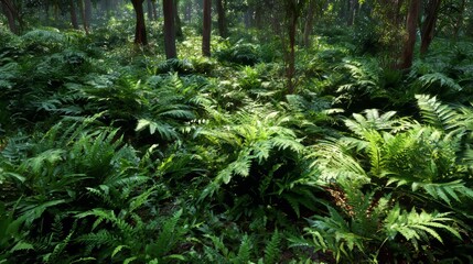 Fototapeta premium Dense, sun-dappled forest floor covered in lush, green ferns. Tall trees reach towards the light. Sunlight streams through canopy