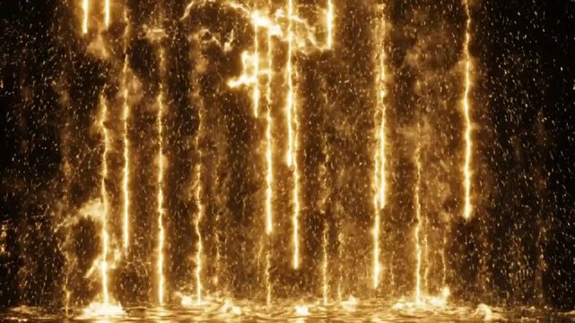 Abstract golden waterfall with sparkling light streaks and glowing particles against a black backdrop for visual effects
