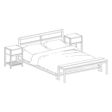Perspective view of queen size bed with two nightstands in clean outline rendering, presenting modern and minimal bedroom set.