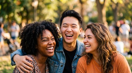 Obraz premium Three diverse friends happily laughing together outdoors, enjoying a sunny day in a park with blurred trees in the background.