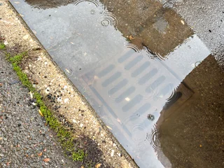 Rain water flows up out of clogged drain cover © Animaflora PicsStock