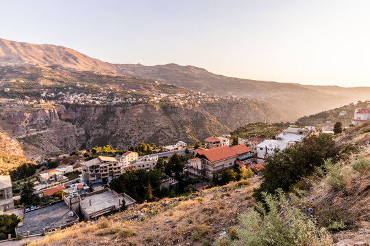 Evening sunset view of Bcharre (Bsharri) town in Qadisha valley, Lebanon