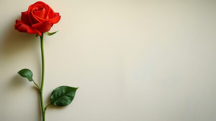 Fototapeta premium Single red rose with green leaves on light textured background, ideal for romantic, floral, or elegant marketing and copy space designs