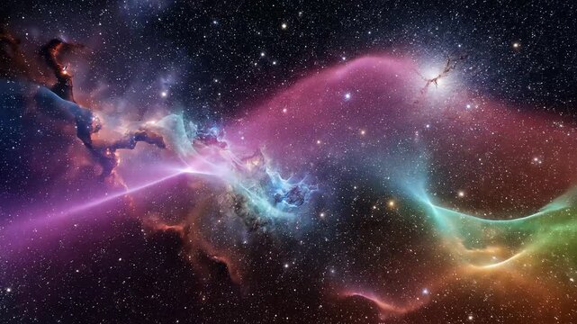 Vibrant deep space nebula with swirling colorful cosmic gas clouds and glowing star clusters in a vast galactic expanse cinematic interstellar