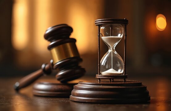 Wooden gavel rests beside hourglass on desk. Symbol of law, justice, and time passing in legal proceedings. Judge hammer signifies authority.