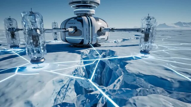 Arctic research station drilling for ice core samples on frozen landscape concept