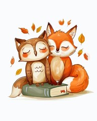 Fototapeta premium Two cute animals, fox and owl, cuddle on a book. Fox and owl look peaceful, happy, and content. Autumn leaves float around them gently. Ideal for cozy reading themes or autumnal designs