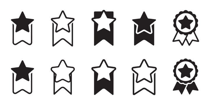 Bookmark icons set with star symbols for favorite content and premium rankings in flat black minimalist style.