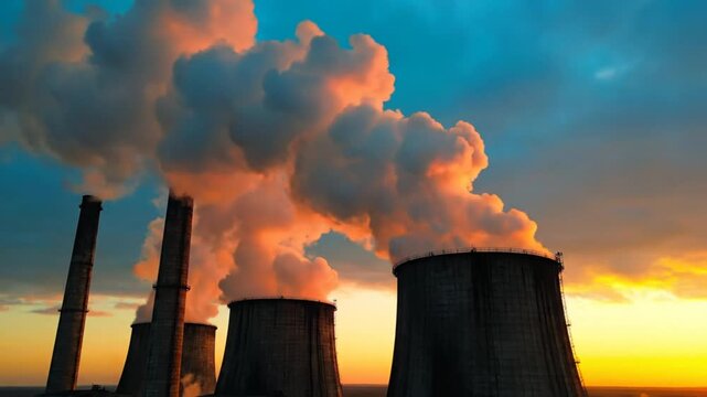 Industrial plant at sunset, smokestacks releasing steam and pollution into the evening sky