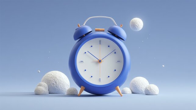 Minimalist blue alarm clock in a surreal space scene evokes futuristic time concepts and cosmic exploration themes