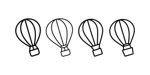 Naklejka premium Hot air balloon line icon set featuring flying aircraft with basket for adventure travel tourism outdoor recreation summer activity and extreme sports