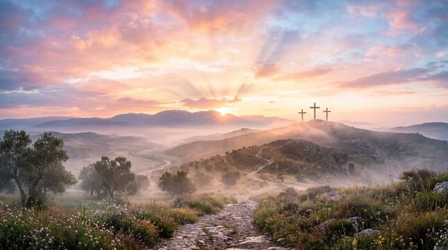 Three crosses on a misty hill at sunrise above a winding path and flowering meadow, creating a peaceful Christian landscape that symbolizes faith, sacrifice, hope, resurrection, and Easter.