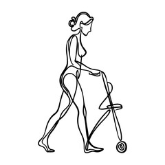 Dibujo sencillo con una única línea de una mujer usando un andador de movilidad para los desplazamientos diarios © teracreonte