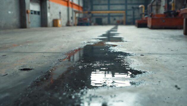 Water and oil pool on concrete floor in industrial area. Dark liquid reflects light in a manufacturing plant. Maintenance and cleaning needed for hazardous floor.