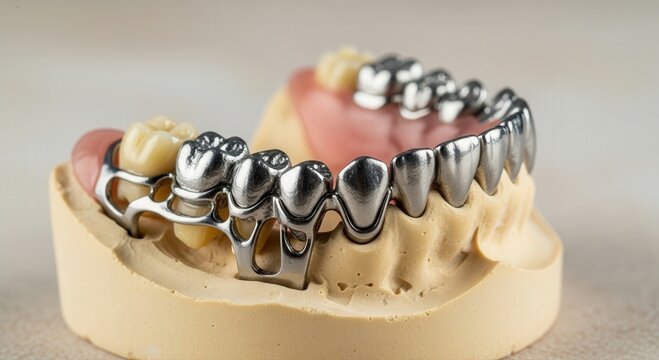 Dental bridge and partial denture model showcases precision craftsmanship for modern prosthetic dentistry solutions