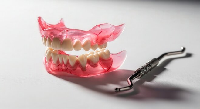 Realistic dental full dentures with gum and teeth models shown next to an oral hygiene tool on a clean white background