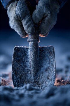 Winter work safety and manual labor highlighted by gloved hands holding frost-covered shovel outdoors, emphasizing cold weather gear and seasonal challenges