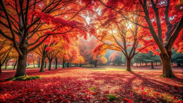 A photo of a serene autumn park with vibrant red leaves covering the ground, crisp air filled with the scent of fallen foliage, and a gentle breeze ru