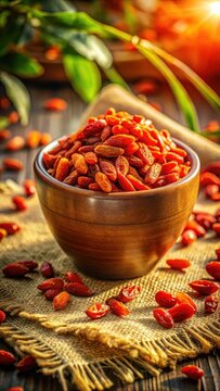 A photo of vibrant goji berries spilled out of a ceramic bowl onto linen, their deep red and orange hues creating a lively, appetizing display