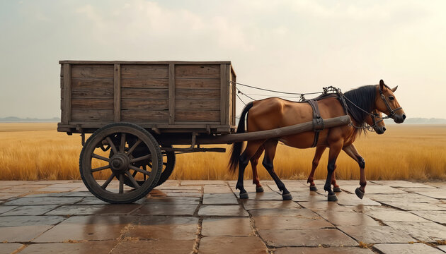 Wooden horse-drawn cart moves through golden field. Rural scene shows traditional transport, old vehicle, agriculture, nature, and journey. This evokes history and rustic lifestyle.
