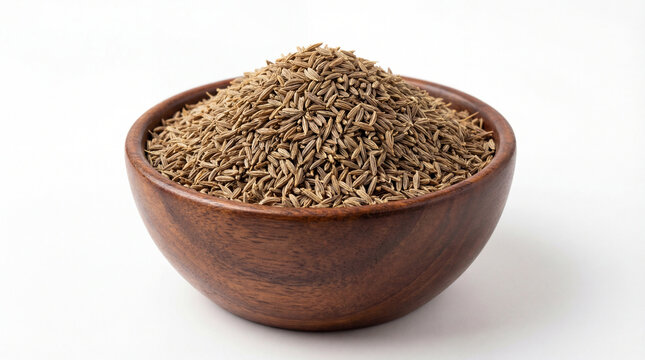 A wooden bowl filled with cumin seeds isolated on white background for culinary or spice related uses