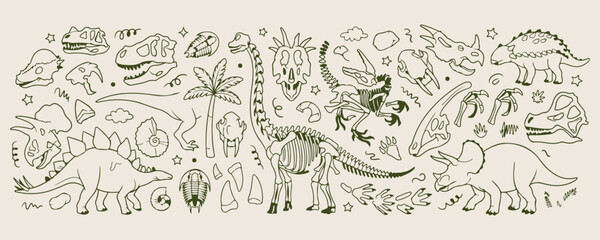 dinosaur skeleton fossil art, prehistoric bones line art, paleontology science vector sketch, museum exhibit illustration, jurassic era drawing, archeology branding icons, educational nature art  © Geetaroy