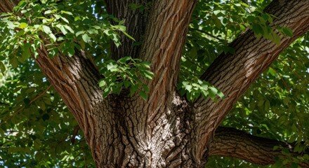 Obraz premium Birds resting amidst lush green forest canopy and tall tree trunks