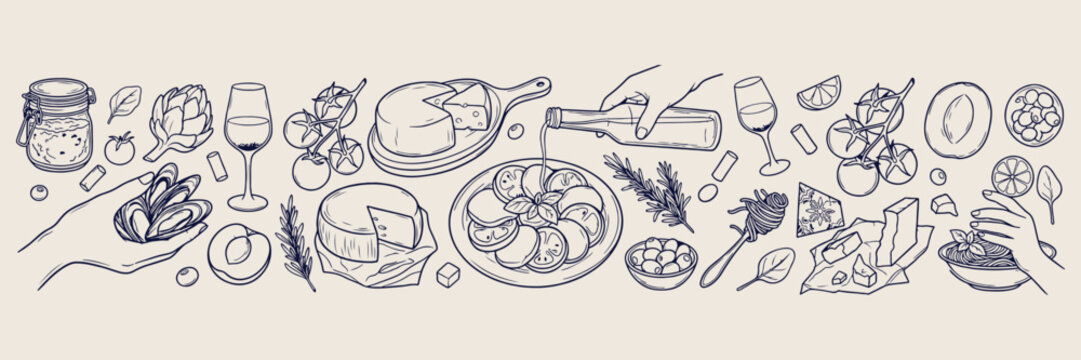 gourmet charcuterie board illustration, wine pouring and cheese sketches, appetizer party line art graphics, culinary pairing aesthetic elements, hand drawn food and drink vector, restaurant social ho