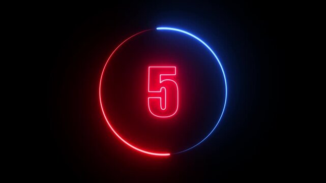 10 Second Neon Glow Countdown Timer with Blue and Red Circular Progress Bar and Digital Numbering on Black Background - Futuristic Motion Graphics for Intro, Competition, Gaming