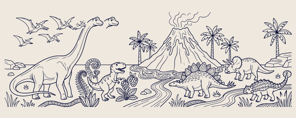 dinosaur volcano landscape art, prehistoric jurassic line art, t-rex and stegosaurus, volcano eruption vector sketch, children education illustration, adventure land drawing, extinct animal nature sce © Geetaroy