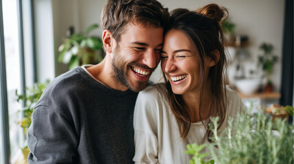 Fototapeta premium Young couple in a small apartment decorated with plants, cooking together and laughing, soft light and realistic home setting