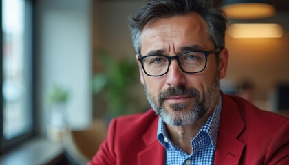 Fototapeta premium Man with glasses in red jacket. He has beard and graying hair. Looks seriously at camera. Indoor office setting with blurred background. Professional pose. Corporate meeting concept.
