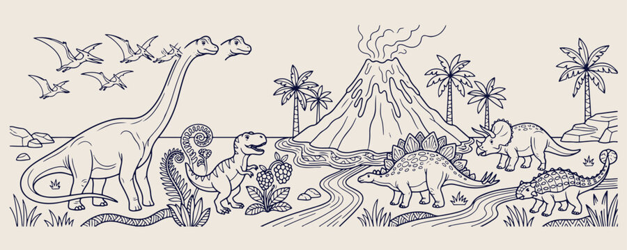 dinosaur volcano landscape art, prehistoric jurassic line art, t-rex and stegosaurus, volcano eruption vector sketch, children education illustration, adventure land drawing, extinct animal nature sce