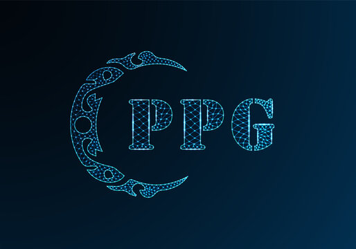 Low poly letter logo PPG design. PPG letter logo low poly vector design on blue color gradient background. PPG logo low poly design