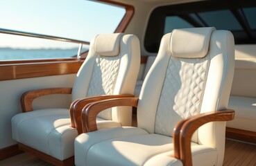 Fototapeta premium White leather armchairs with wood accents on a modern luxury motor boat interior. Seats feature quilted design, offering comfort for yachting travel and ocean tours. Perfect for leisure.