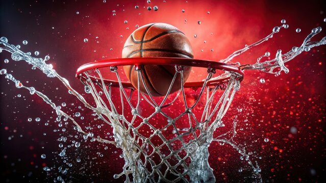 A photo of a basketball hoop scoring with water splash on a red background, vibrant action shot