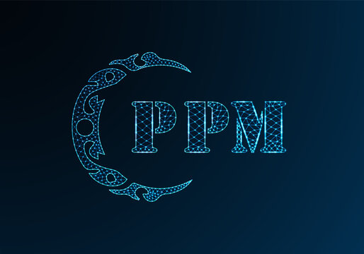 Low poly letter logo PPM design. PPM letter logo low poly vector design on blue color gradient background. PPM logo low poly design