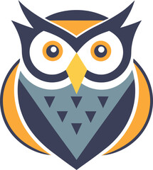 Obraz premium Vibrant Owl Head Illustration with Yellow, Dark Grey, and Light Blue Colors, Geometric Patterns and Bold Lines, Suitable for Logos, Icons, and Graphic Designs on white background