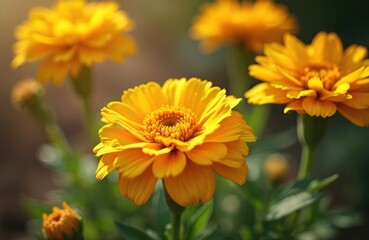 Fototapeta premium Bright yellow calendula flowers bloom in a sunlit field. Delicate petals unfurl, showcasing nature beauty. These vibrant blossoms grow wild, adding color to meadows.