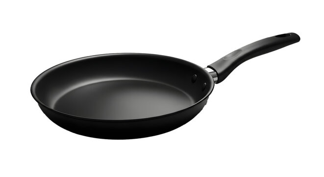 A sleek black frying pan on a dark background for cooking