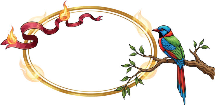 A vibrant parrot perches on a tree branch surrounded by a fiery golden frame with a flowing red ribbon.