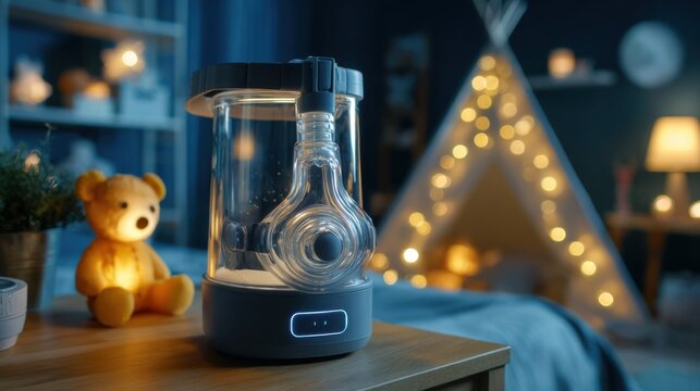 Cozy sleep lab bedroom with soft lighting featuring a CPAP machine on a nightstand and subtle pediatric decor in the blurred background.