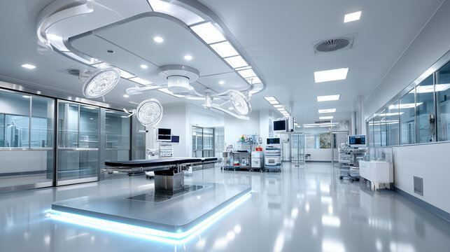 A futuristic surgical operating room inside the Ladakh hospital, designed with the same clean white modern architecture seen on the exterior. The room is immaculate, minimalist, an