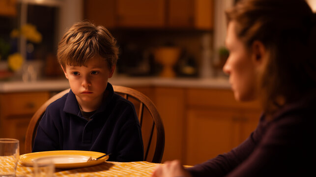 highly realistic dinner scene featuring young boy and his mother sitting across each other at a familly kitchen table, the boy looking upset while the mother speaks to him calmly,