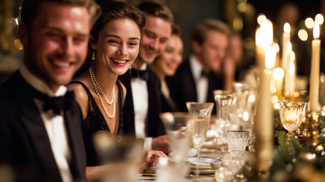 Luxurious Christmas dinner in a grand old-money mansion. Long table with crystal glasses, polished silverware, tall candles, soft golden light reflections. Elegant guests dressed i