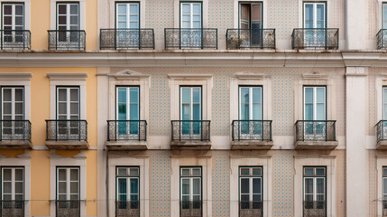 Obraz premium Ultra-realistic photograph of a traditional Pombaline building facade in a residential neighborhood of Lisbon, historic 18th-century architecture, symmetrical windows with wrought