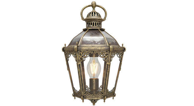 A beautifully designed antique lantern with a lit bulb inside