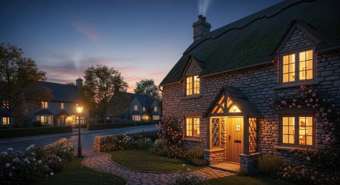 Evening scene of a stone cottage with lit windows and a thatched roof