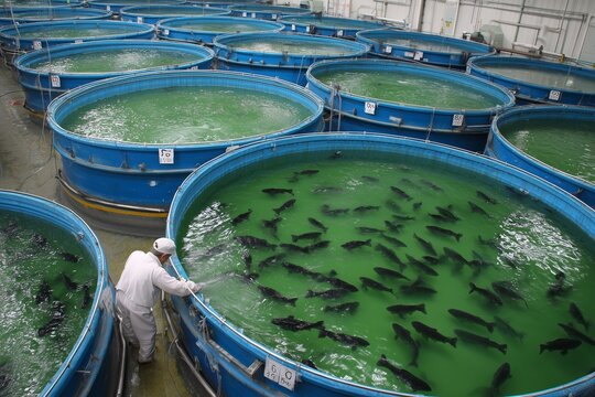 Round pools with fish at a modern aquafarm. The employee controls the growing process, demonstrating an industrial approach to fisheries.