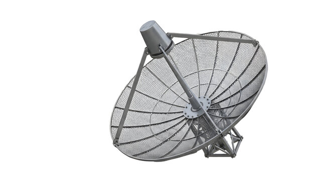 A large satellite dish antenna on a black background for telecommunications